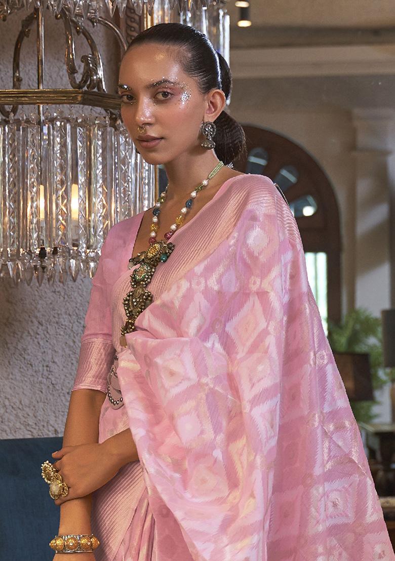 Pink Zari Weaving Linen Sarees