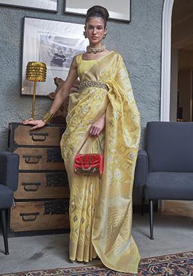 Yellow Zari Weaving Linen Sarees