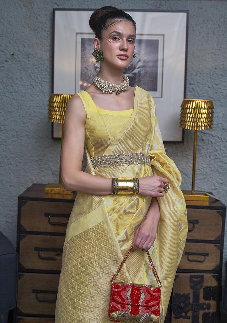 Yellow Zari Weaving Linen Sarees