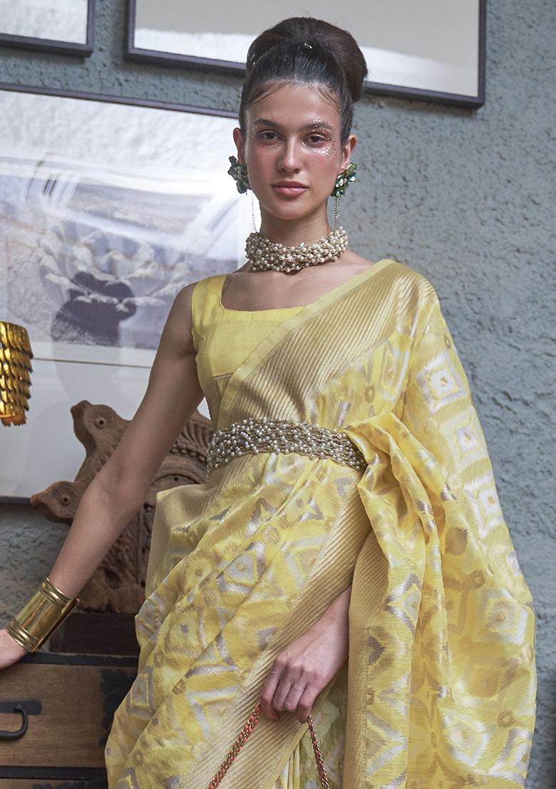 Yellow Zari Weaving Linen Sarees