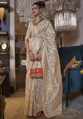 Cream Zari Weaving Linen Sarees