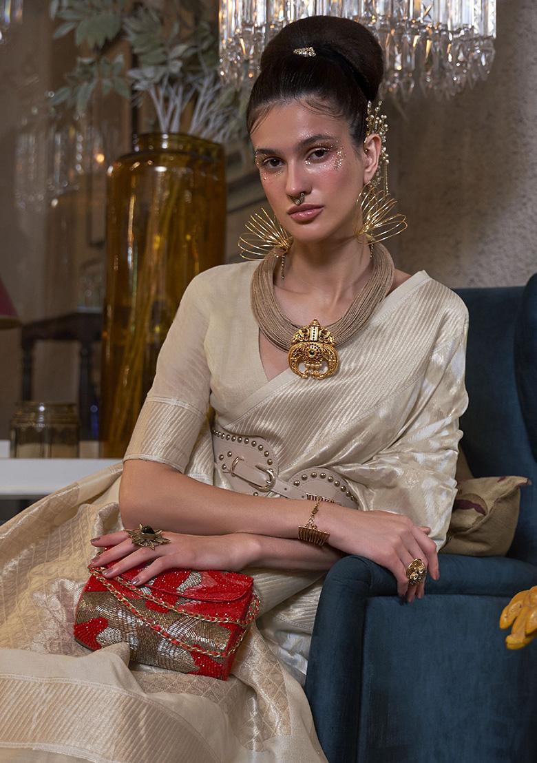 Cream Zari Weaving Linen Sarees