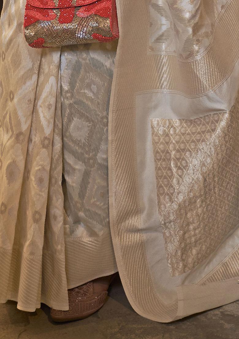 Cream Zari Weaving Linen Sarees