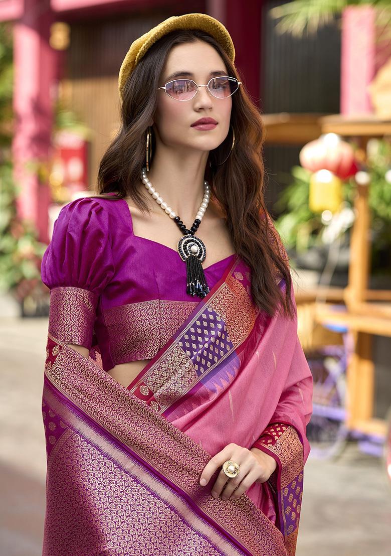 Pink Zari Weaving Silk Sarees