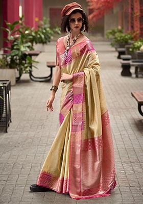 Cream Zari Weaving Silk Sarees