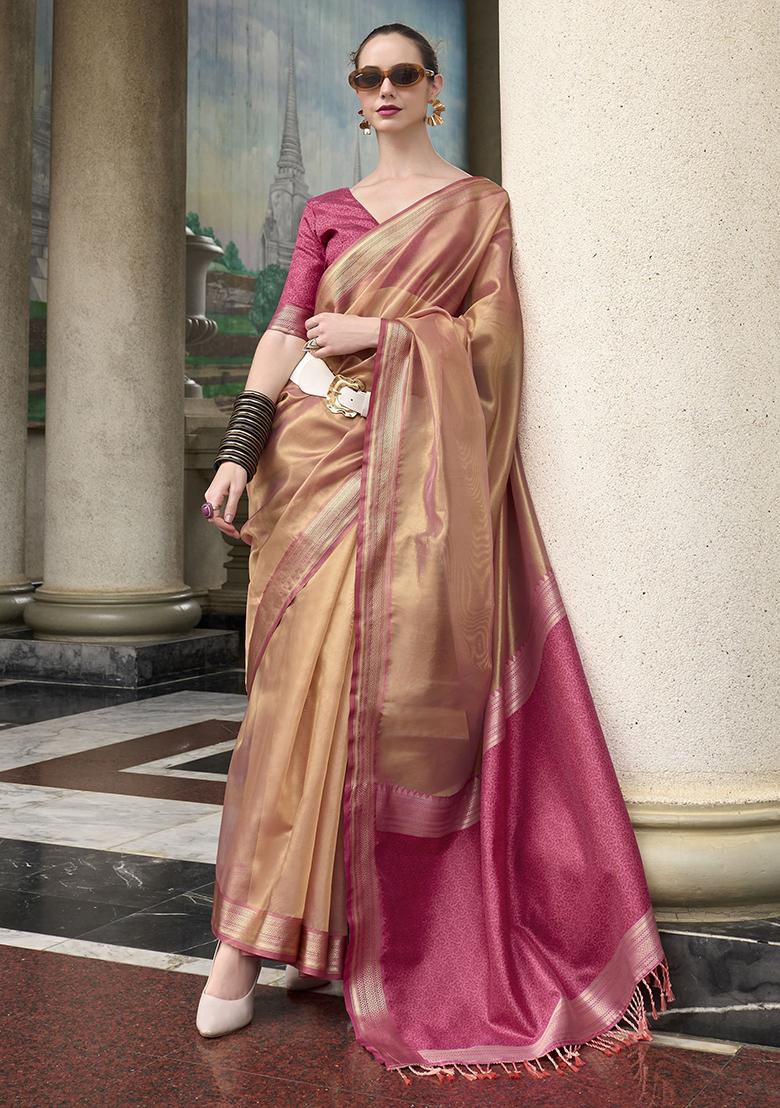 Peach Zari Weaving Tissue Sarees