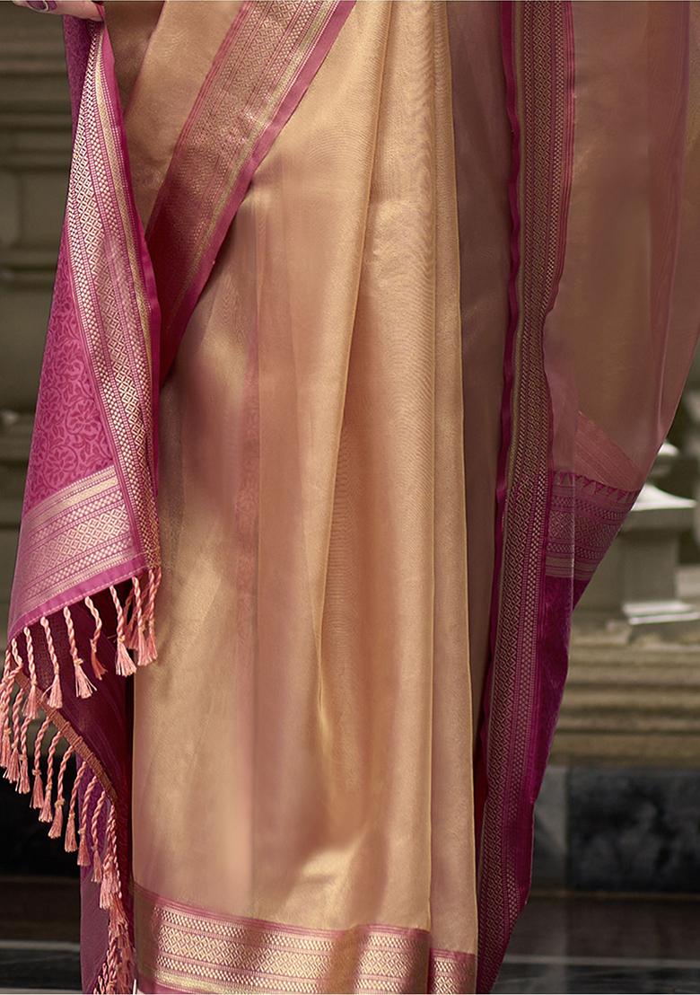 Peach Zari Weaving Tissue Sarees