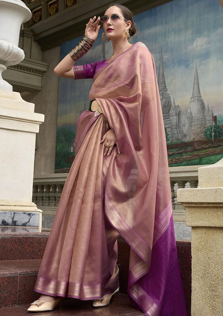 Pink Zari Weaving Tissue Sarees
