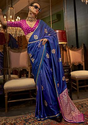 Blue Zari Weaving Satin Sarees