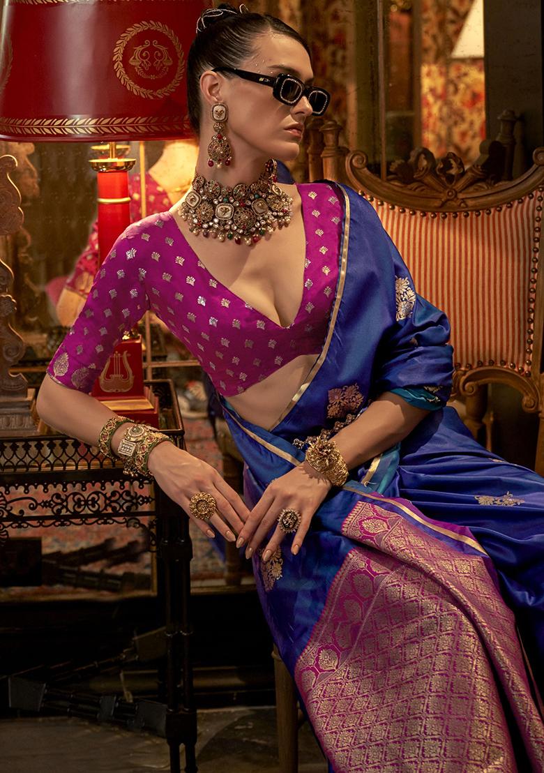 Blue Zari Weaving Satin Sarees