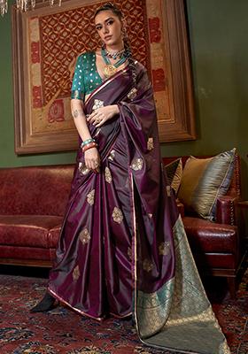 Wine Zari Weaving Satin Sarees