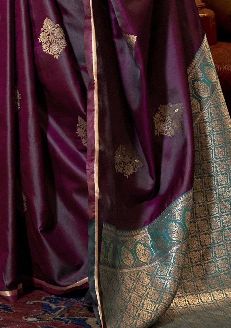 Wine Zari Weaving Satin Sarees