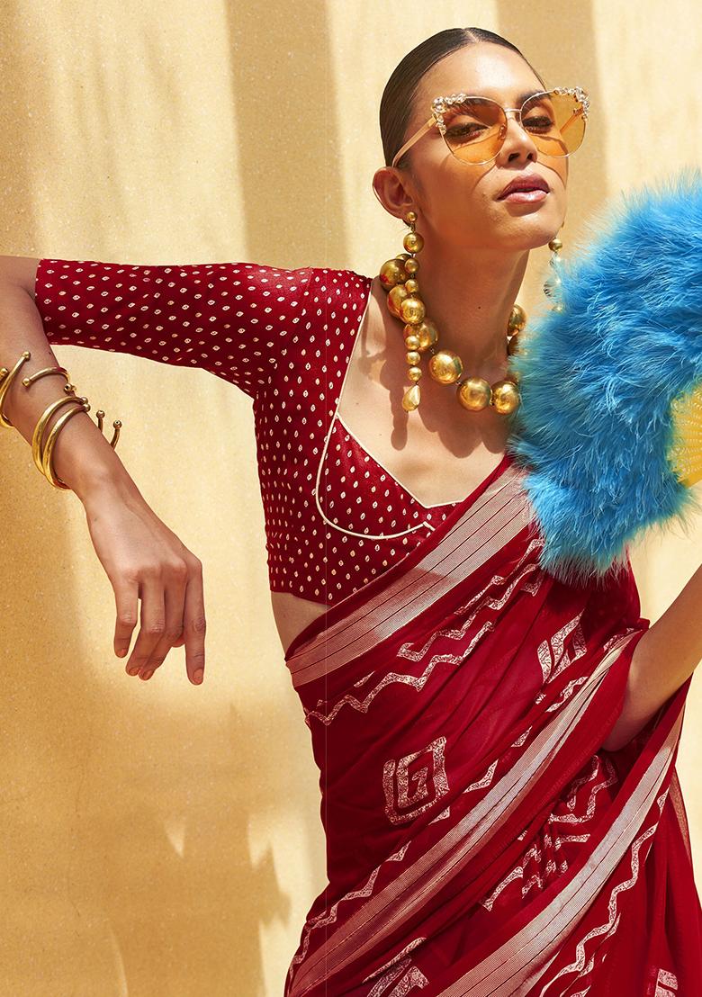 Maroon Foil Print Georgette Sarees