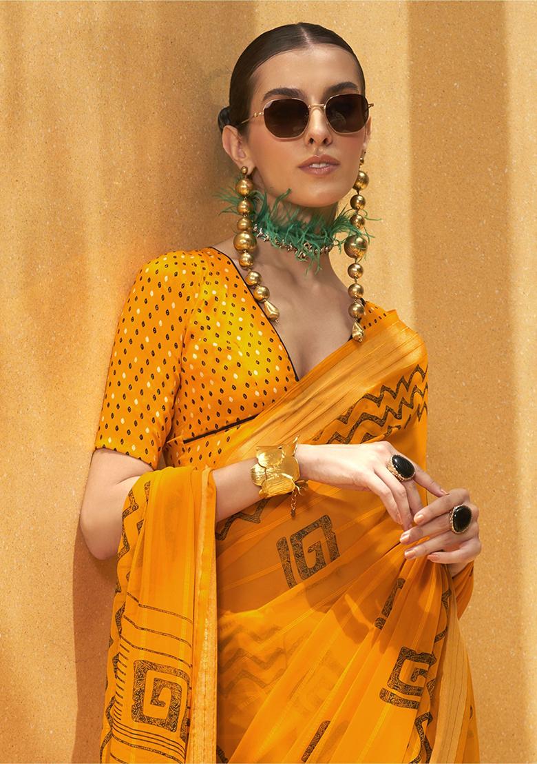 Yellow Foil Print Georgette Sarees