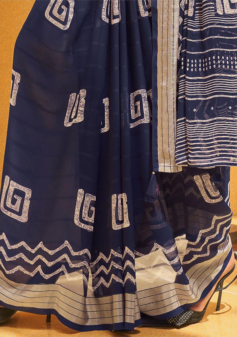 Navy Blue Foil Print Georgette Sarees