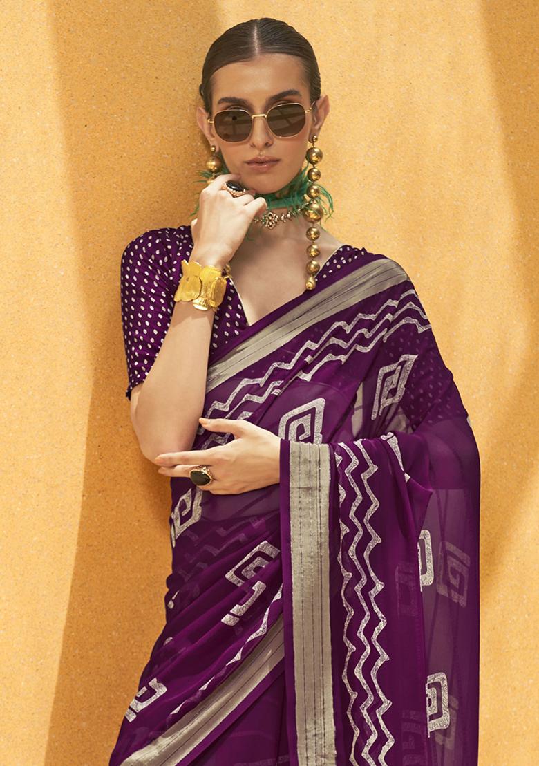 Purple Foil Print Georgette Sarees