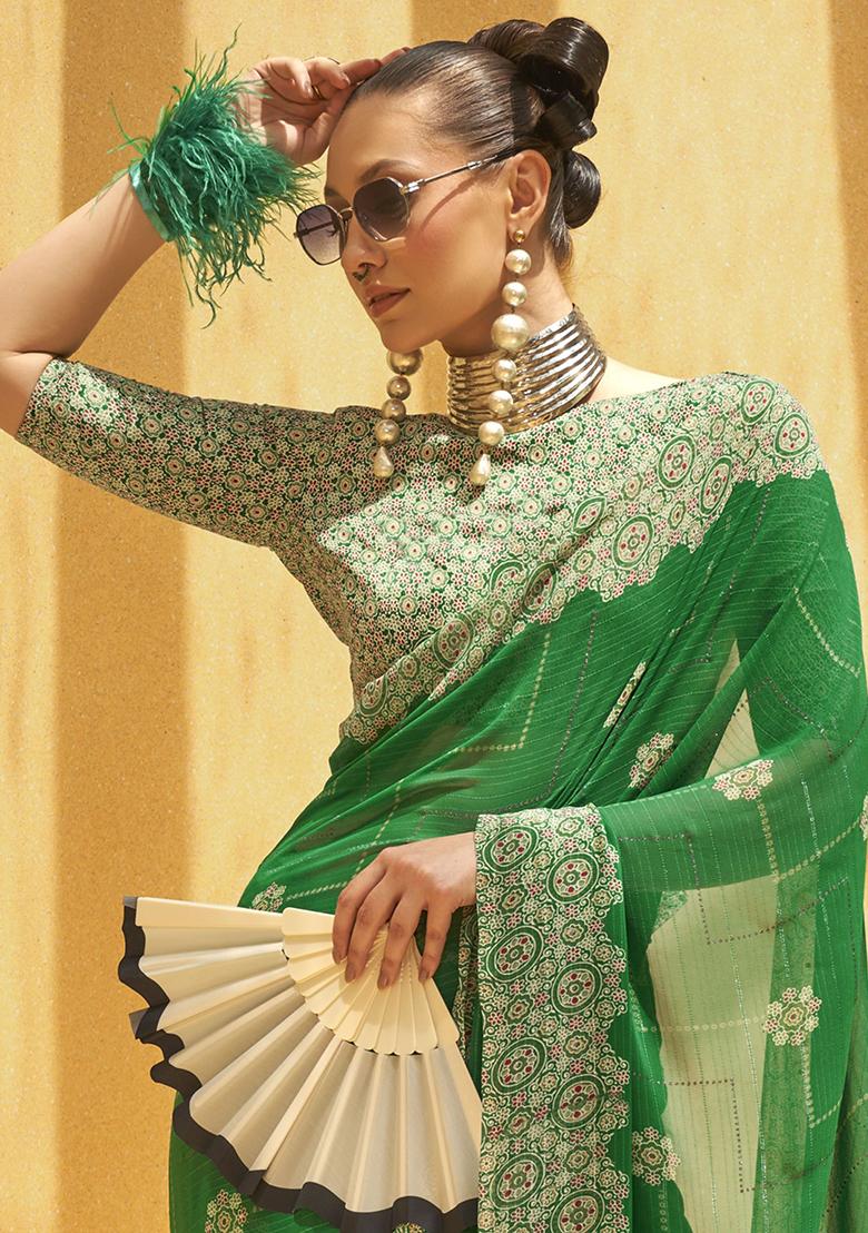 Green Foil Print Georgette Sarees