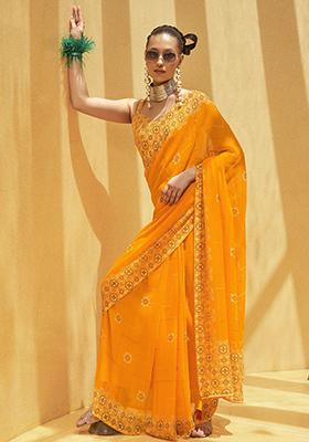 Yellow Foil Print Georgette Sarees