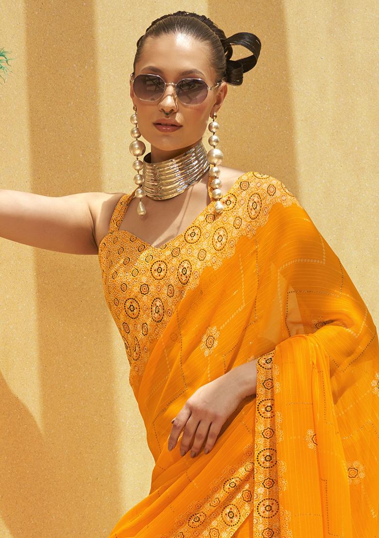 Yellow Foil Print Georgette Sarees
