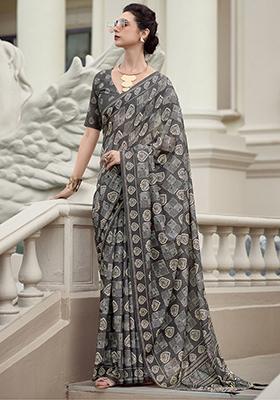 Grey Printed Silk Sarees