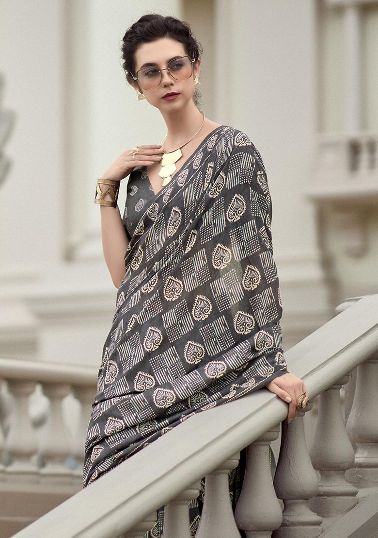 Grey Printed Silk Sarees