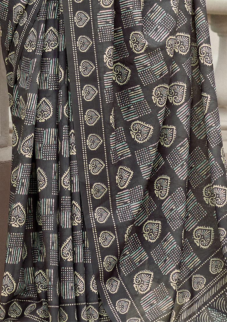 Grey Printed Silk Sarees