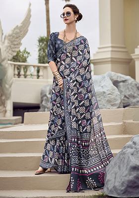 Navy Blue Printed Silk Sarees