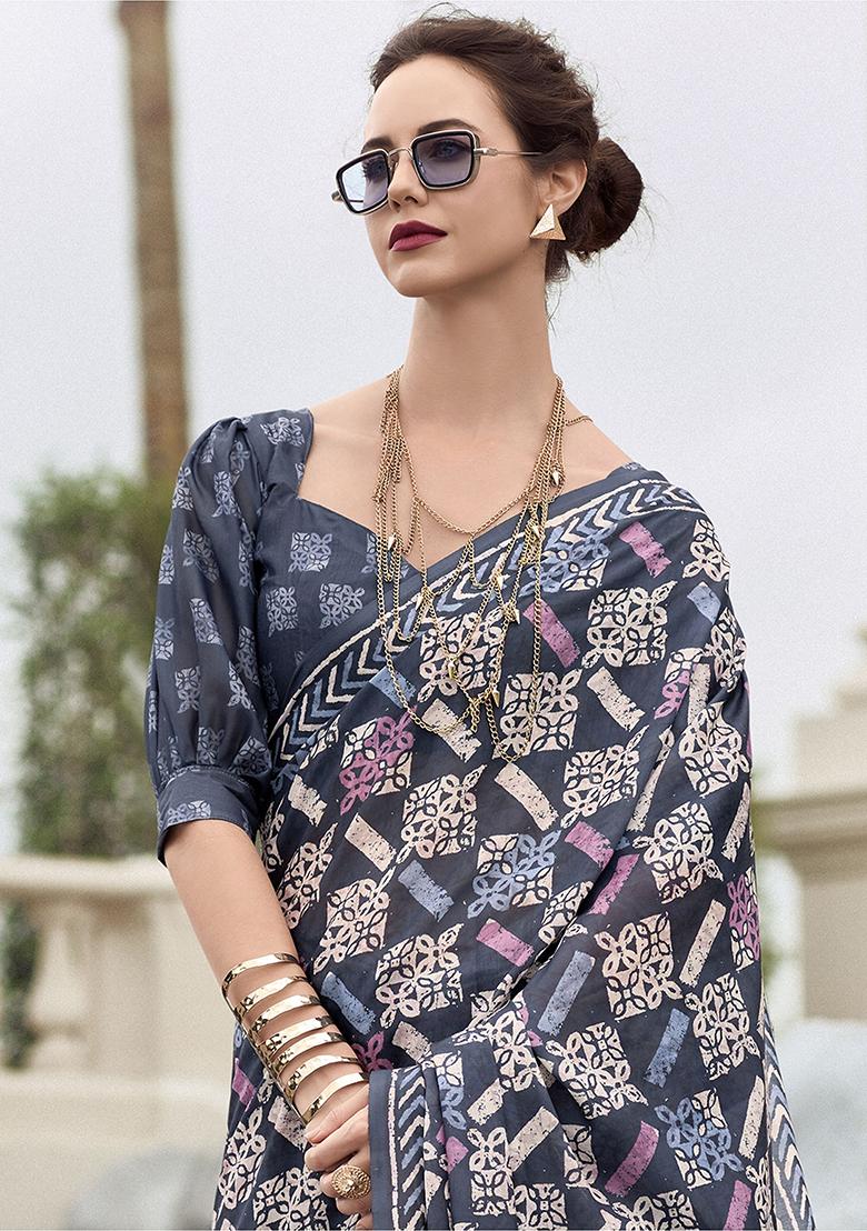 Navy Blue Printed Silk Sarees