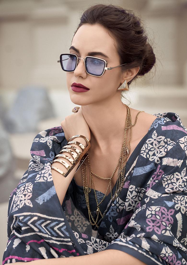 Navy Blue Printed Silk Sarees