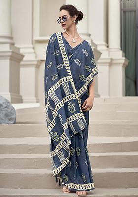 Navy Blue Printed Silk Sarees