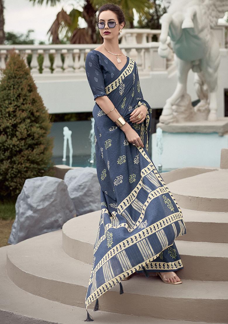 Navy Blue Printed Silk Sarees