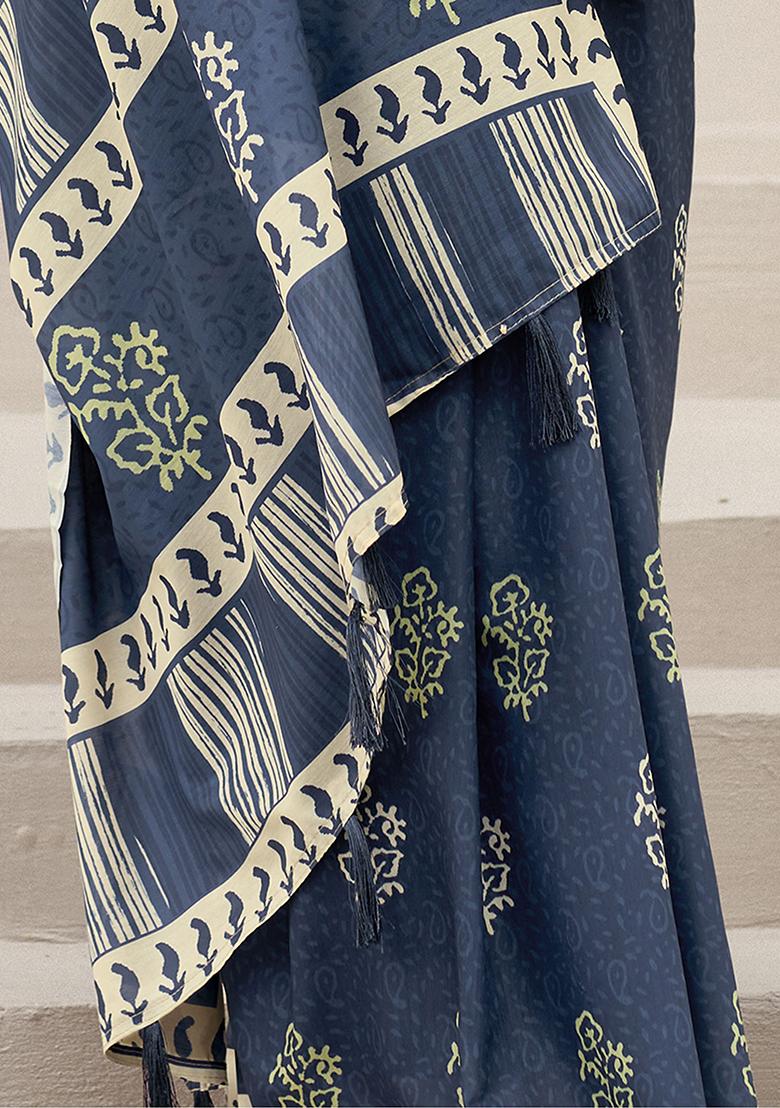 Navy Blue Printed Silk Sarees