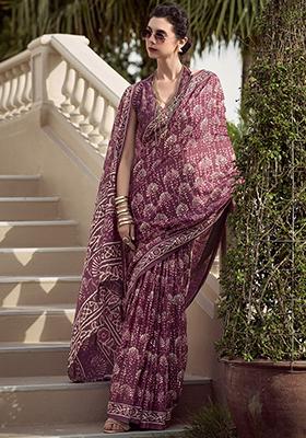 Wine Printed Silk Sarees