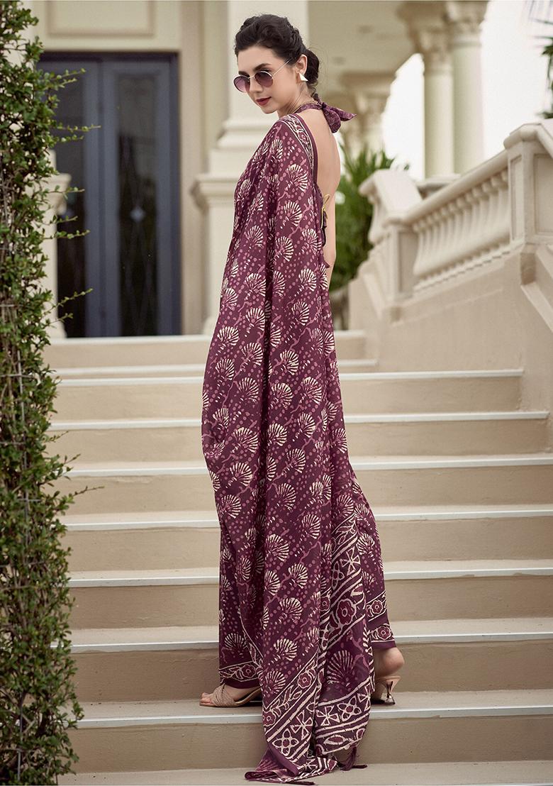 Wine Printed Silk Sarees