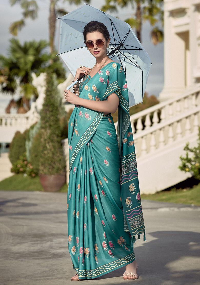 Green Printed Silk Sarees