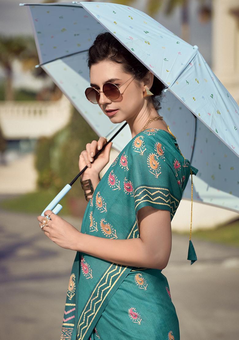 Green Printed Silk Sarees