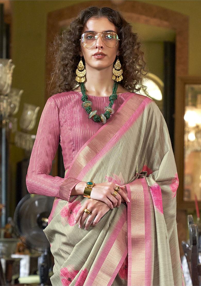 Cream Printed Banarasi Silk  Sarees