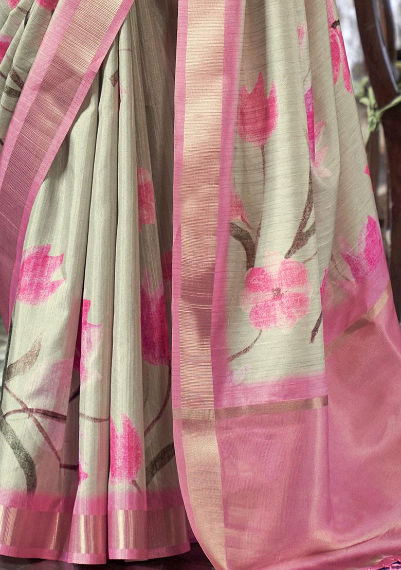 Cream Printed Banarasi Silk  Sarees