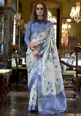 Blue Printed Banarasi Silk  Sarees