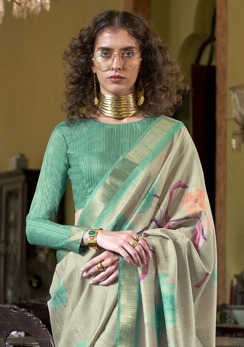 Green Printed Banarasi Silk  Sarees