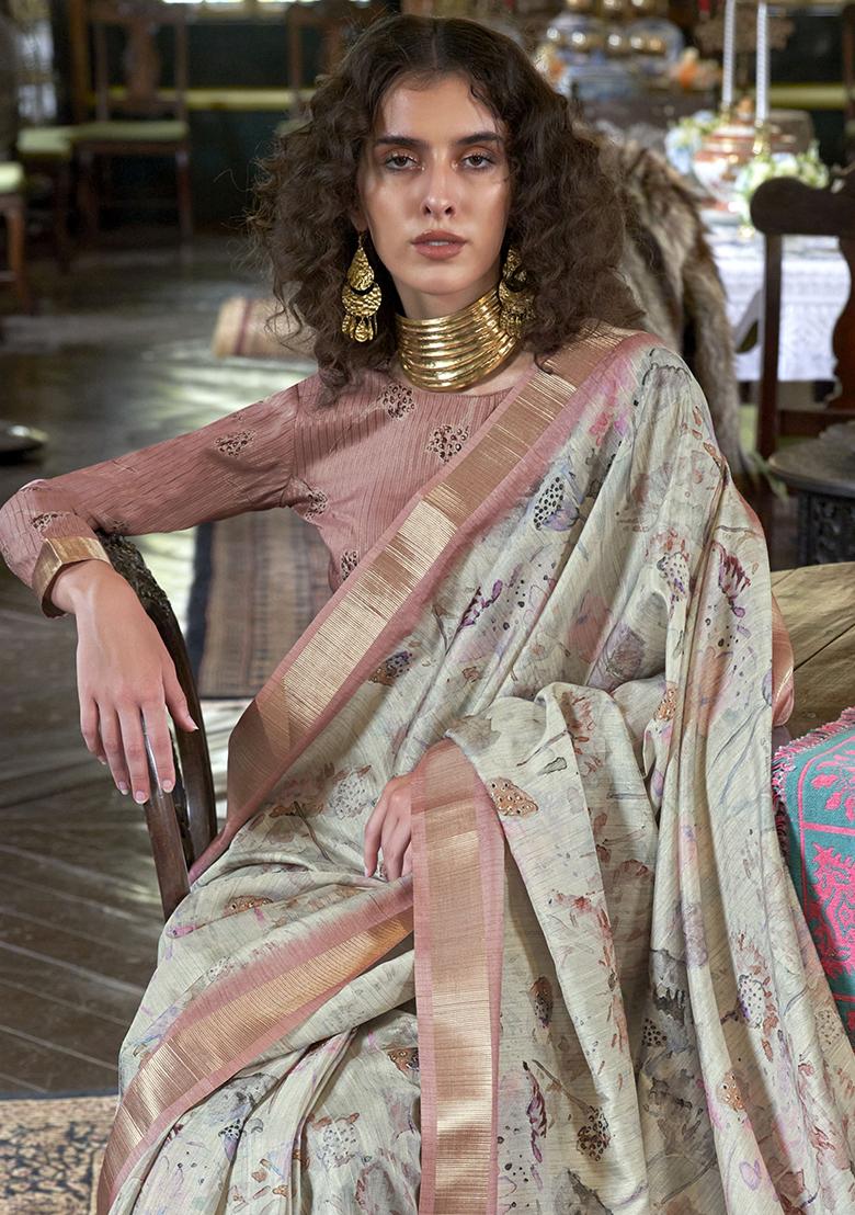 Cream Printed Banarasi Silk  Sarees