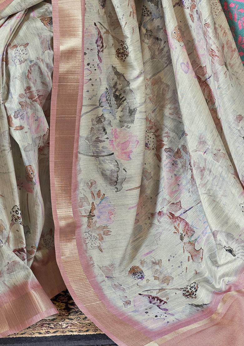 Cream Printed Banarasi Silk  Sarees