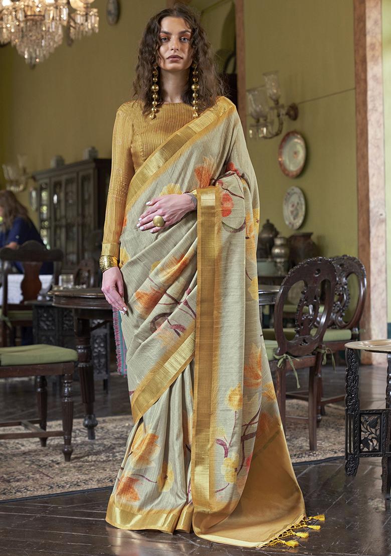 Yellow Printed Banarasi Silk  Sarees