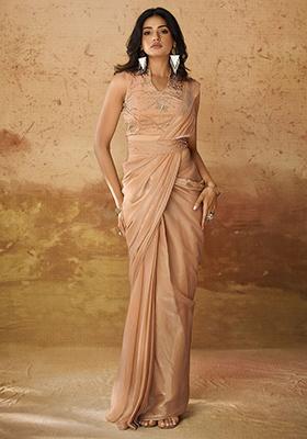 Peach Hand Embroidered Organza Sarees