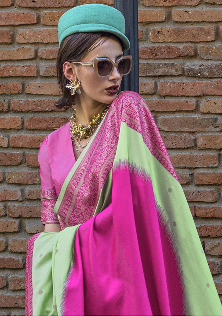 Green Weaving Poly Blend Sarees