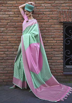 Green Weaving Poly Blend Sarees
