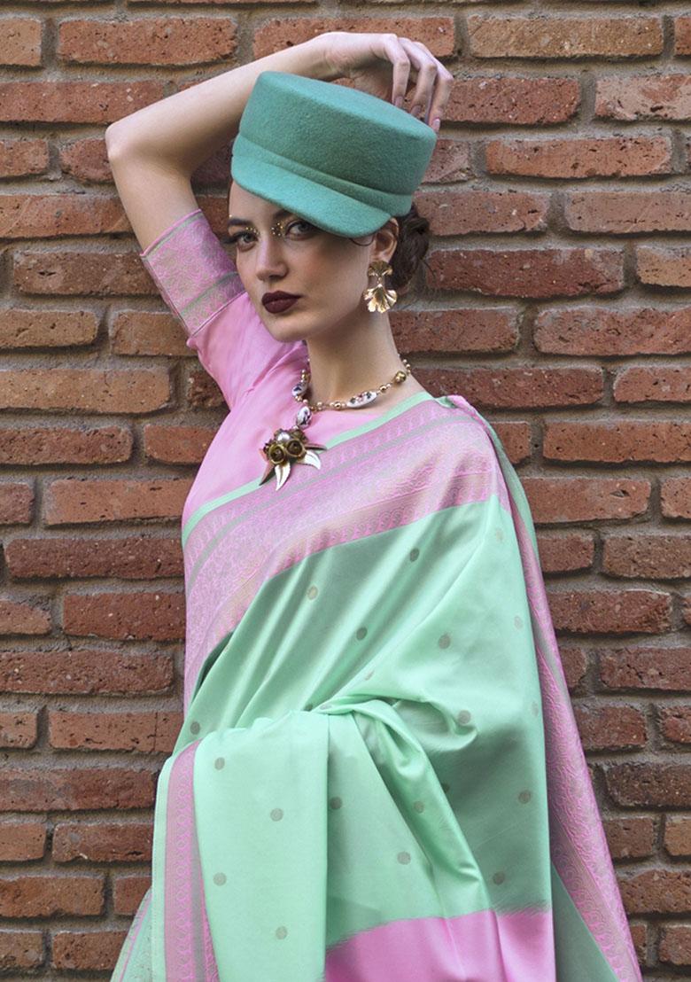 Green Weaving Poly Blend Sarees