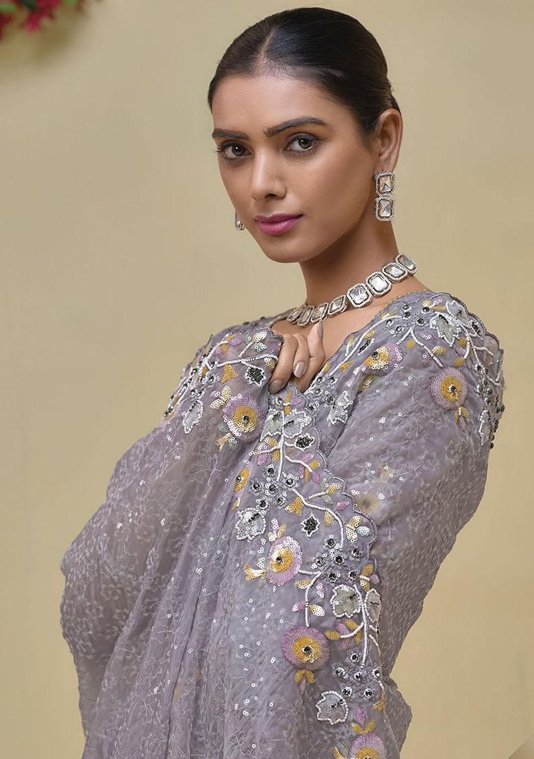 Lavender Sequin Embroidered Organza Sarees