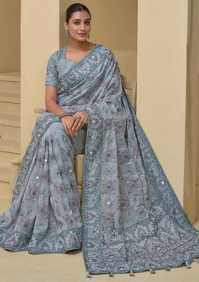 Blue Embroidered Organza Sarees