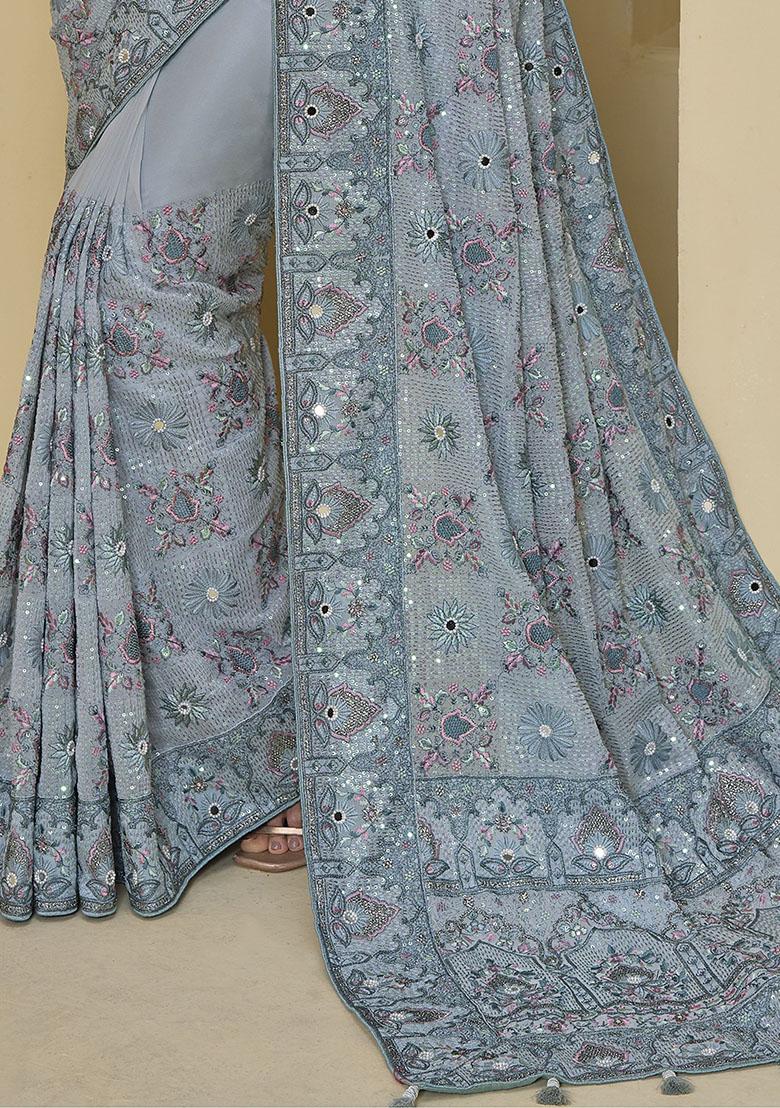 Blue Embroidered Organza Sarees